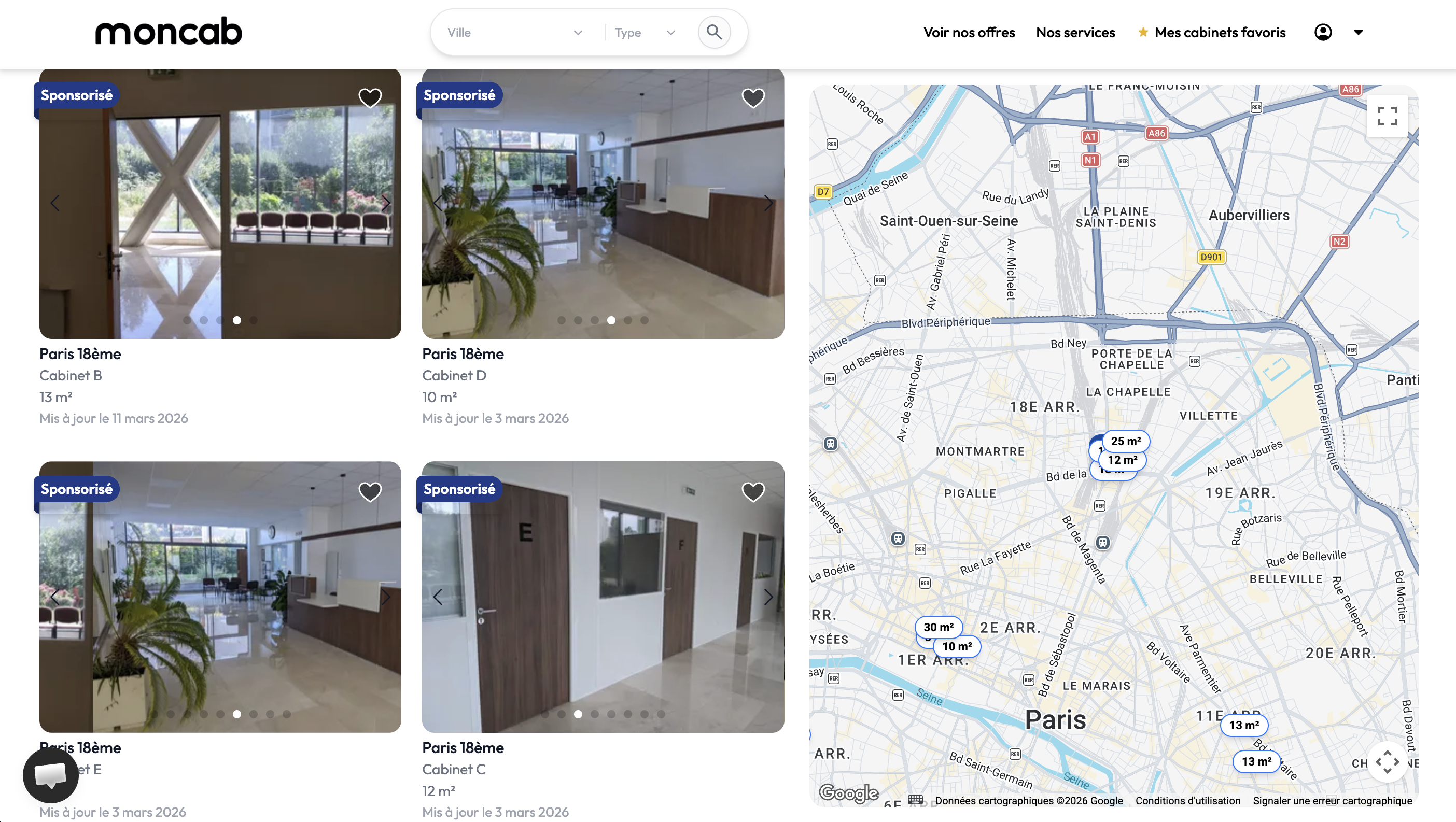 Aperçu des annonces de cabinets médicaux sur MonCab